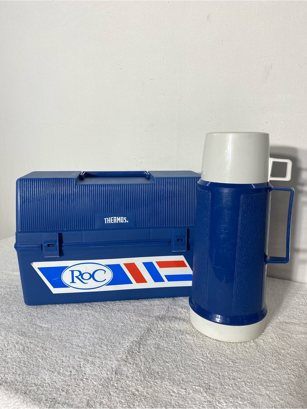Vintage Thermos ROC Blue Plastic Lunch Box and Matching Thermos Bottle Set